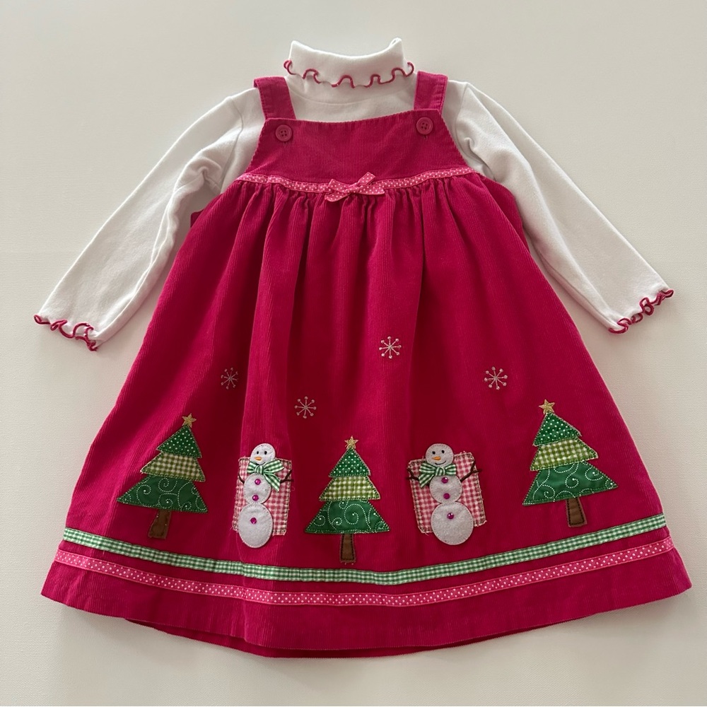 Holiday Christmas Girls 4 Pink Corduroy Dress Set Snowman Tree